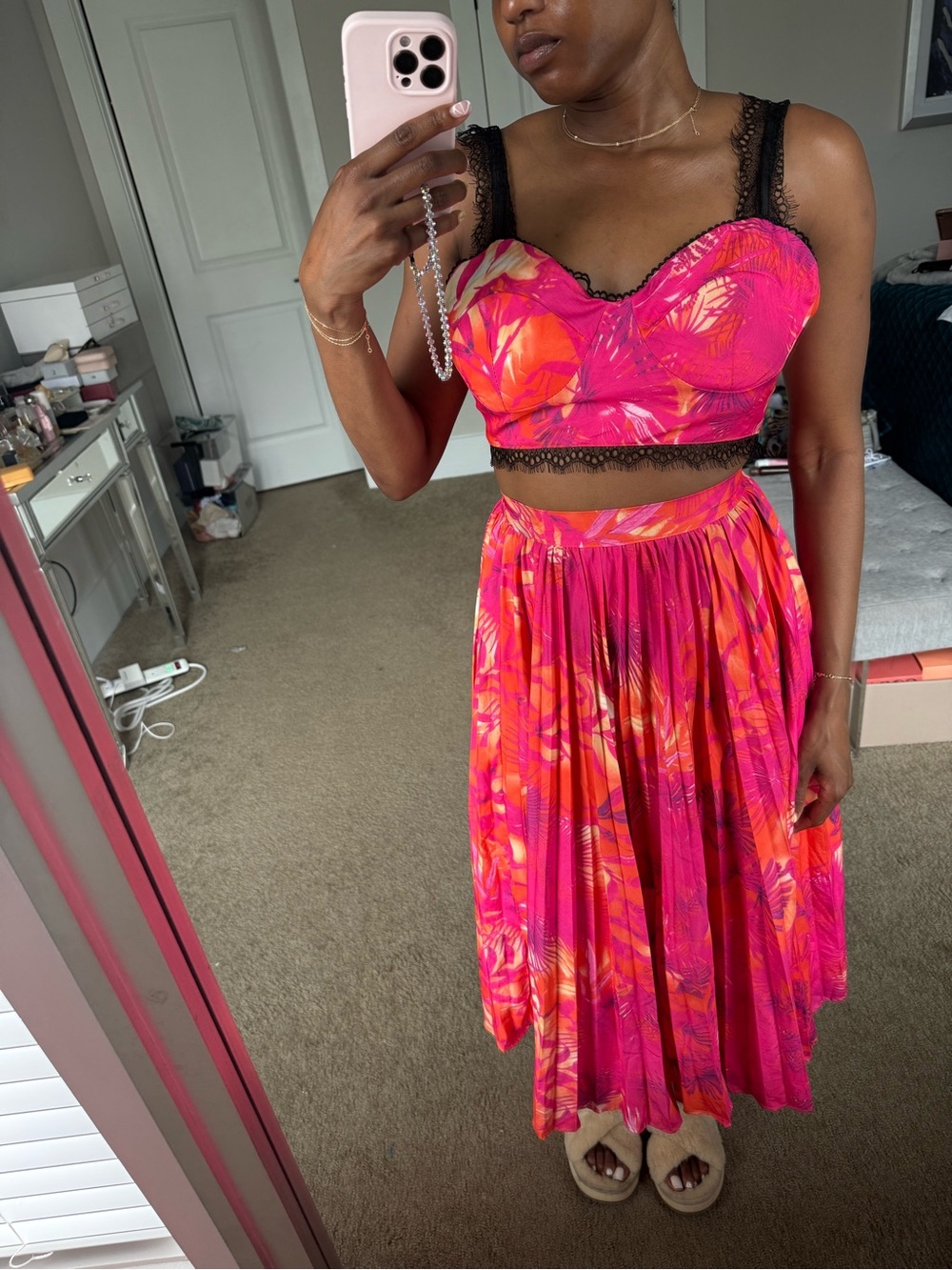 Bright Pink Tropical Print Pleated Midi Skirt and Matching Crop Top Set